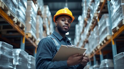 Wall Mural - Portrait of man warehouse worker wearing uniform and helmet safety standing with clipboard for checking stock products on shelves in warehouse factory store Logistics Distribution Cent : Generative AI