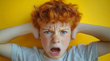 scared redhaired teenage boy screaming in stress and covering his ears on yellow isolated background irritated angry child with orange hairstyle in panic and depression : Generative AI