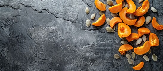 Poster - Top down view of peeled pumpkin seeds on a gray stone background with space for text. Copy space image. Place for adding text and design