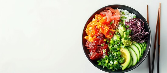 Poster - A poke bowl displayed on a white backdrop with copy space image