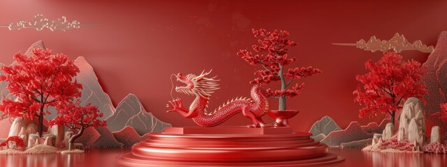 Red Dragon with Bonsai Tree on a Platform in Red Landscape