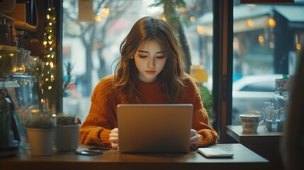 Poster - Young woman sitting and working on laptop and smart phone at coffee shop : Generative AI