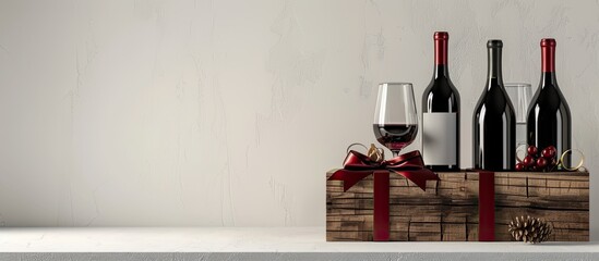 Poster - Wooden gift box with wine bottles and glasses on a white background with copy space image