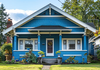 A bright blue craftsman bungalow house with white trim, in the front yard there is an old-fashioned black door and two potted plants. 