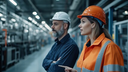 Poster - Female engineer and male production manager standing in modern industrial factory talking about production Manufacturing facility with robotics and automation : Generative AI
