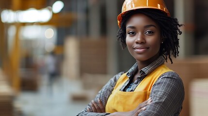 Sticker - Construction worker portrait and black woman with arms crossed for confidence engineering or project management Smile contractor and person for maintenance building renovation or archi : Generative AI