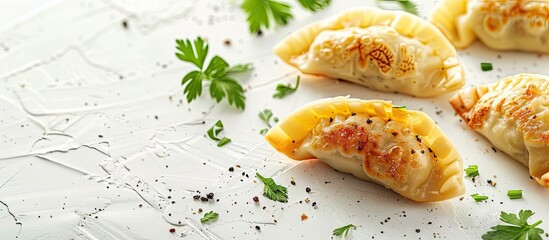 Raisin filled potato dumplings on a white background with copy space image