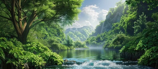 Wall Mural - Scenic summer landscape with lush greenery a river and a vast panoramic view perfect for a background with copy space image