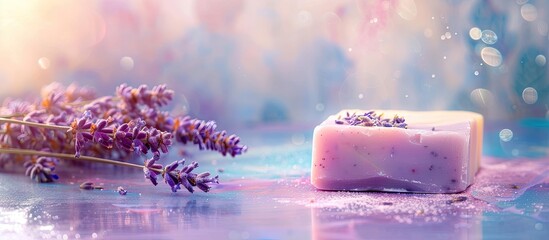 Poster - Lavender adorned soap bar displayed on a light table with a colorful backdrop suitable for any copy space image