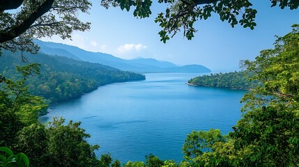 Wall Mural - The coastlines of the Andaman Islands feature picturesque hills offering stunning views and supporting diverse ecosystems rich in marine life and unique terrestrial flora and fauna : Generative AI