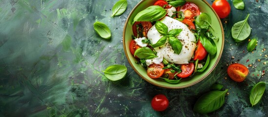 Canvas Print - Top down view of a tasty burrata salad in a bowl on a green table with room for adding text in the copy space image