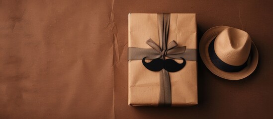 Celebrate Father s Day with a charming gift box featuring a paper hat and moustache on a brown backdrop in a top view copy space image