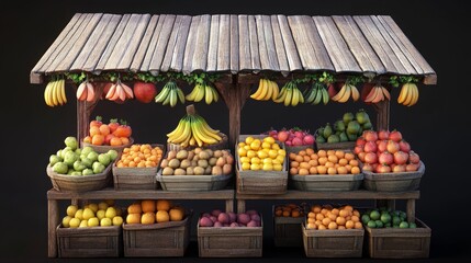 Wall Mural - Wooden fruit stand with various fruits in crates.