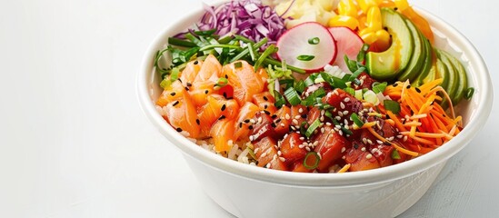 Sticker - Delicious to go poke bowls on a white backdrop with copy space image available