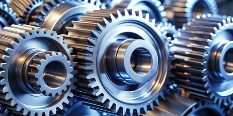 Close-up of metal industrial gears in motion, machinery, manufacturing, factory, technology, mechanical, engineering