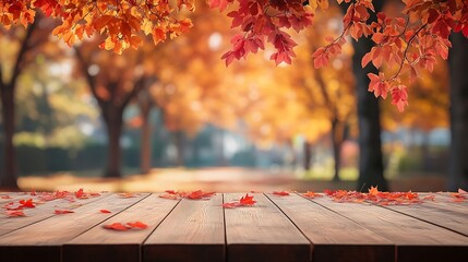 Poster - Empty wood table top and blurred autumn tree and red leaf background  can used for display or montage your products : Generative AI