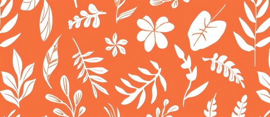 White floral patterns on an orange background, featuring various leaves and flowers in playful arrangements, creating a vibrant and cheerful atmosphere