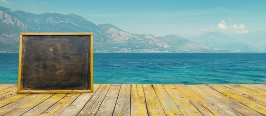 Wall Mural - Flexibility in the workplace symbolized on an attractive yellow blackboard with a mountain lake sand beach background conveying the business concept with copy space image