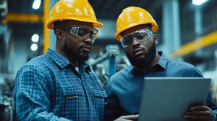 Leinwandbilder - Two Professional Heavy Industry Engineers Wearing Hard Hats at Factory Walking and Discussing Industrial Machine Facility Working on Laptop African American Manager and Technician at W : Generative AI