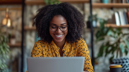 high-resolution brightly lit photorealistic candid photograph of: woman working from home on a laptop smiling because she's making money.. The photograph is styled like a high-end lifestle magazine. 