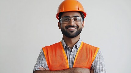 Poster - Construction worker engineer and studio portrait of happy man in vest and helmet for safety on white background Smile contractor or architect in planning or renovation project manager  : Generative AI
