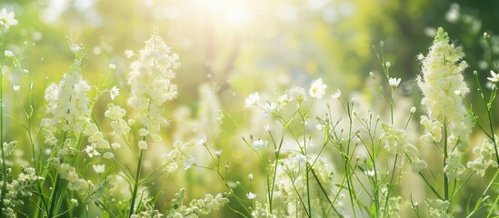 Poster - Summer nature scene with white Filipendula ulmaria flowers on a meadow green botanical backdrop soft focus ideal as a copy space image for medical plant themes