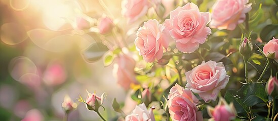 Sticker - Blooming pink roses in a summer garden with copy space image