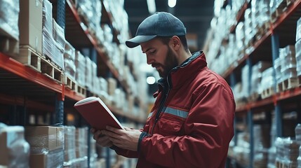 Aufkleber - Factory manager foreman worker checking stock inventory on good shelf in delivery storehouse of logistic storage warehouse shipping distribution business package box industry job for r : Generative AI