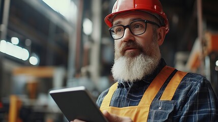 Poster - Mature bearded man on construction site Engineer in uniform and glasses holds tablet background of workflow An employee notes something in his gadget in workshop Diversity of proffesio : Generative AI