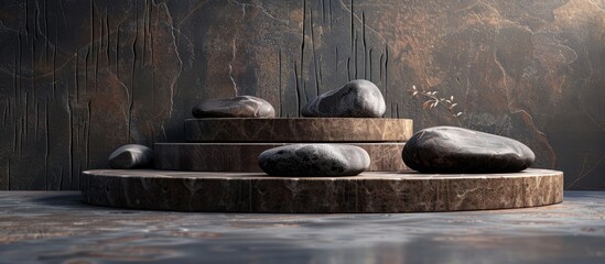 Sticker - Background podium featuring textured natural stones creating a captivating copy space image