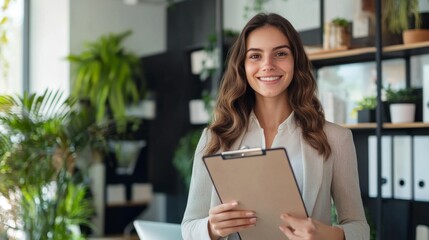Poster - A young professional woman with a cheerful smile, holding a clipboard and ready for a presentation, standing in a brightly lit office.