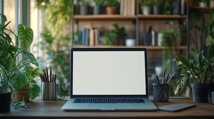 Aufkleber - Workplace laptop computer with blank empty white screen display monitor on desk Mock up copy space Home office concept Business working from home studying elearning web site concept : Generative AI