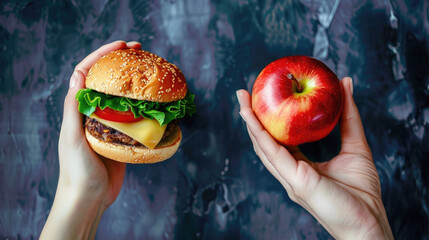 A hand holding a healthy apple versus a hand holding a greasy burger, highlighting the dietary dilemma of healthy versus unhealthy eating.