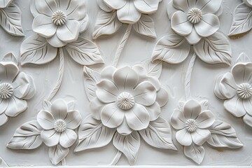 Wall Mural - Intricate white floral patterns carved into a wall, creating an elegant and detailed 3D decorative background. Perfect for sophisticated design needs.