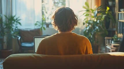 Poster - Rear view of young man using laptop computer checking email in morning at home : Generative AI