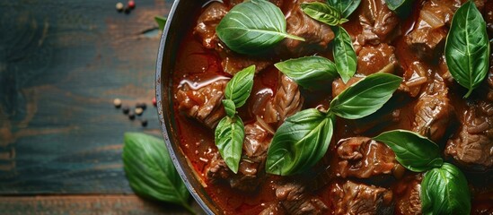 Sticker - Delicious beef goulash topped with fresh basil perfect for a cookin promo with copy space image