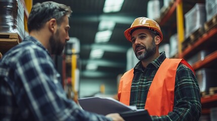 Poster - Forklift driver talking with manager in modern industrial factory Warehouseman reading order order picking Warehouse worker preparing products for shipmennt delivery checking stock in  : Generative AI