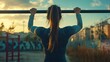 © The Little Hut - Full length female athlete exercising with crossbar on the urban sportsground Happy determined young sportswoman enjoys her morning workout outdoors People Fitness Active healthy lifes : Generative AI