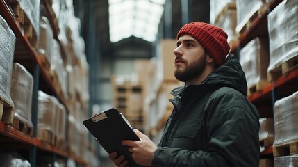 Poster - Portrait of warehouseman with clipboard checking delivery stock in warehouse Warehouse worker preparing products for shipment : Generative AI