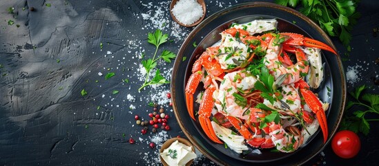 Canvas Print - A rustic top view of a fresh appetizer with crab stick cream cheese and herbs on a table providing a pleasing copy space image