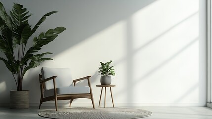 Modern interior design with light empty mockup wall and gray furniture loft and vintage of living room Armchair table with green plant in pot round carpet on floor on white wall backgr : Generative AI