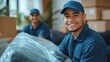 © The Little Hut - Portrait of a two young smiling male movers packing furniture in the living room Moving service men workers wrapping chair with plastic wrap Move moving day and relocation concept : Generative AI