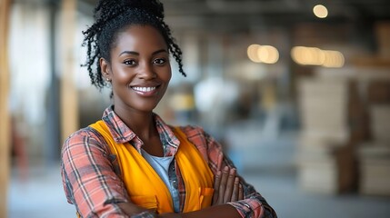 Aufkleber - Construction worker portrait and black woman with arms crossed for confidence engineering or project management Smile contractor and person for maintenance building renovation or archi : Generative AI
