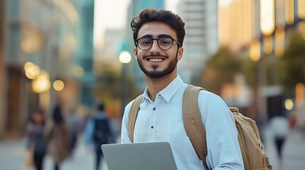 Leinwandbilder - Cheerful middle eastern young businessman in glasses with laptop and coffee to go walking by street towards modern office building going to job in the morning panorama with copy space : Generative AI