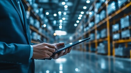 Panoramic close up hand of smart engineer warehouse management systemWorker hands using digital tablet with pen for control on blurred warehouse as background logistic Import export co : Generative AI