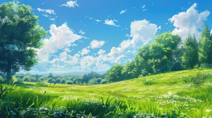 Wall Mural - The meeting of blue sky and green meadows in a peaceful countryside setting.