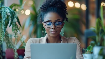 Aufkleber - Coffee laptop and thank you with a designer black woman at work in her office on a creative project Computer drink and gratitude with a happy female employee taking a break while worki : Generative AI