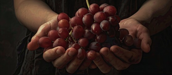 Wall Mural - Hands holding bunches of red grapes with copy space image available