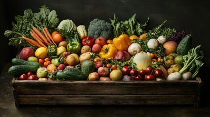 Poster - A crate brimming with an array of organic fruits and vegetables, shot on a dark wooden table, highlighting the freshness and variety of healthy produce.