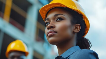 Aufkleber - Construction engineer team and building project with people planning development and architecture Black woman and men together for project management engineering and assessment outdoor : Generative AI